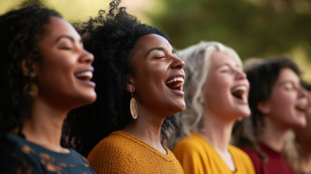 Detailed shot of a group of people singing in harmony at a community event, capturing the enthusiasm and connection between the performers.の素材