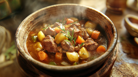 Detailed shot of a hearty beef stew with tender meat, vegetables, and a rich gravy, served in a rustic bowl, capturing the comforting and satisfying appearance.の素材