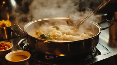 Detailed shot of a hot pot with various dipping sauces on the side, capturing the steam and sizzling ingredients as they cook in the pot.の素材