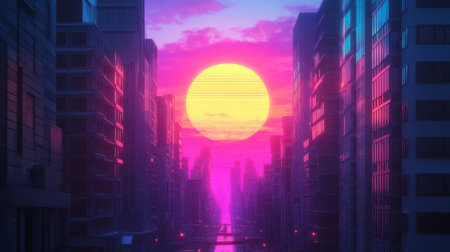 Detailed shot of the sun setting between modern high-rises, with the buildings framing the vibrant colors of the sky and the glowing orb of the sun.の素材