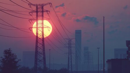 Detailed view of an electricity transmission tower at dusk, with power lines illuminated by the setting sun, creating a dramatic and industrial scene.の素材