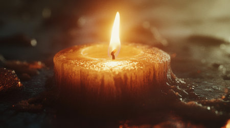 High-definition shot of a candle with a bright, steady flame, highlighting the texture of the wax and the warm, inviting light it emits.の素材