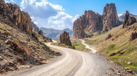 Detailed view of a remote mountain road with rugged terrain and sharp turns, framed by towering rock formations and clear blue skies.の素材
