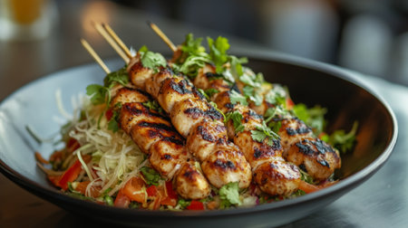 Detailed view of grilled chicken skewers served with a fresh and crunchy papaya salad, emphasizing the rich flavors and colorful presentation.の素材