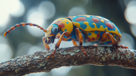 High-resolution close-up of a colorful beetle on a branch, highlighting its vivid patterns and glossy exoskeleton against a contrasting background.の素材