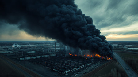 High-definition shot of dark, billowing smoke from an industrial fire, with an emphasis on the scale and intensity of the smoke cloud.の素材