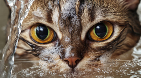 High-resolution close-up of a cat's face during bath time, with water running over its fur and its eyes wide open, capturing the intricate details of its grooming process.の素材
