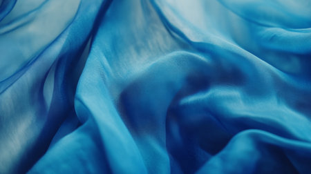 Elegant blue silk fabric flowing in the wind, smooth texture and rich color, close-upの素材