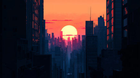 High-resolution view of a sunset framed by the silhouette of tall buildings, with the sky painted in hues of orange and pink and the sun partially hidden behind the skyline.の素材