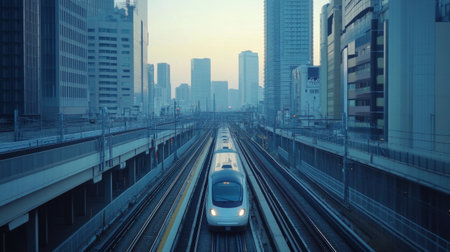 High-definition shot of a high-speed train on elevated tracks, emphasizing its sleek profile and the impressive infrastructure supporting its rapid transit.の素材