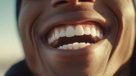 High-resolution close-up of a man showing off his dazzling white teeth while laughing, capturing the brightness and clarity of his smile.の素材