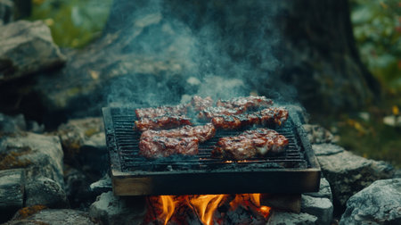 Grilling meat on an open flame with visible heat and smoke, outdoor BBQ settingの素材