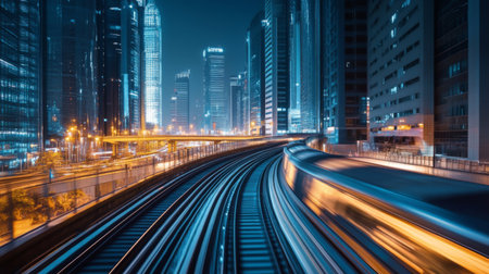 High-definition shot of a high-speed train on elevated tracks, emphasizing its sleek profile and the impressive infrastructure supporting its rapid transit.の素材