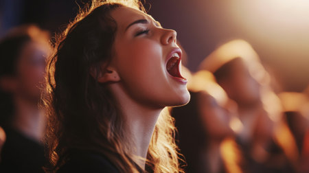 High-resolution shot of a choir in full performance, capturing the singers in mid-song with open mouths and expressive gestures, against a dramatic background.の素材
