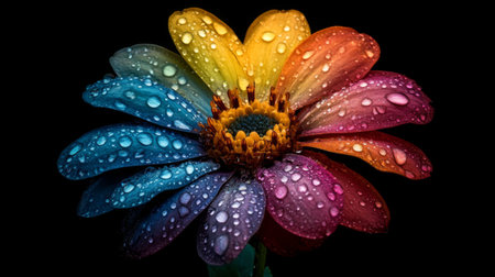 High-definition image of a flower with droplets of water on its petals, showcasing the contrast between the vivid colors of the flower and the clear droplets.の素材