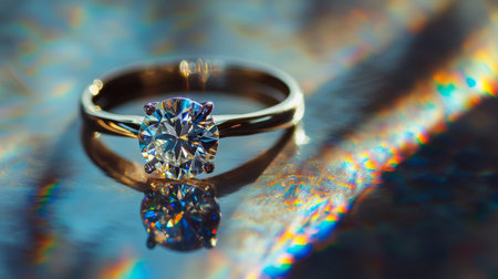 Macro shot of a diamond ring on a reflective surface, with light creating rainbow effectsの素材
