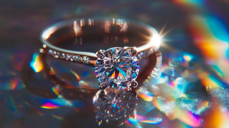 Macro shot of a diamond ring on a reflective surface, with light creating rainbow effectsの素材