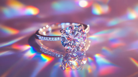 Macro shot of a diamond ring on a reflective surface, with light creating rainbow effectsの素材