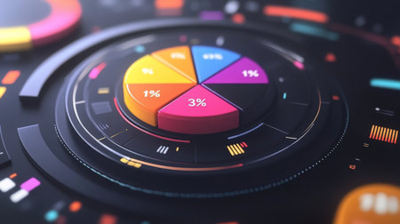 Interactive D pie chart with floating labels and percentages, digital interface elements surrounding itの素材