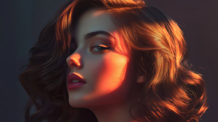 High-resolution image of a woman with voluminous hair styled in glamorous, soft waves, highlighting the shine and bounce of her hair in natural light.の素材