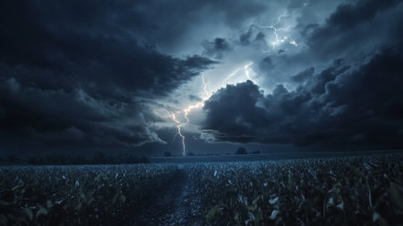 High-definition shot of a lightning storm over a rural landscape, with dark clouds and bright lightning illuminating the field and stormy atmosphere.の素材