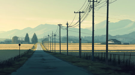 Row of electric poles along a rural road, with fields and mountains in the distanceの素材