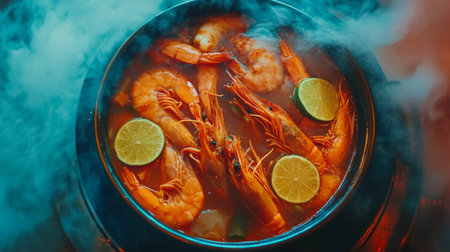 Top-down shot of Tom Yum Goong, the vibrant soup filled with shrimp, chili, and lime slices, all served in a hot, steaming bowl.の素材