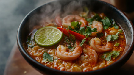Top-down shot of Tom Yum Goong, the vibrant soup filled with shrimp, chili, and lime slices, all served in a hot, steaming bowl.の素材