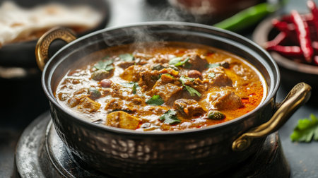 Stirring hot curry in a pot, with steam and rich spices filling the air, traditional kitchen setupの素材