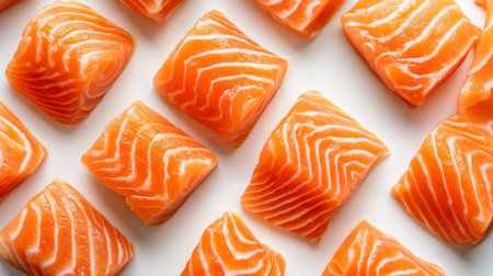 High-definition image of raw salmon sushi pieces arranged on a white background, highlighting the freshness and vibrant color of the fish.の素材