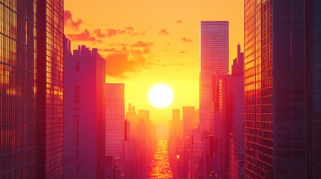 High-definition view of a sunset between two tall buildings, with the sun casting a warm, orange hue across the urban landscape and creating striking contrasts.の素材