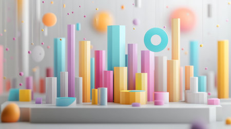 D bars and pie chart graphics in vivid colors, floating in space against a neutral backdrop for a visually impactful designの素材