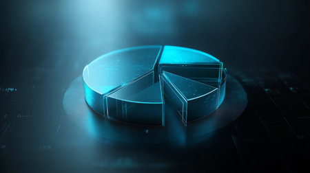 An abstract financial pie chart with transparent slices in shades of blue and gray, on a dark gradient background with glowing highlightsの素材