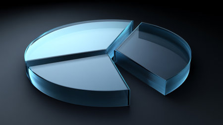 An abstract financial pie chart with transparent slices in shades of blue and gray, on a dark gradient background with glowing highlightsの素材