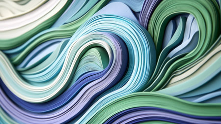 An artistic close-up of flowing, curved lines in shades of blue and green, intertwining and creating a sense of fluidity against a soft gradient backgroundの素材