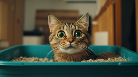 An amusing scene of a cat looking surprised while peeking out from a litter box, with scattered litter around, showcasing the quirky personality of pets.の素材