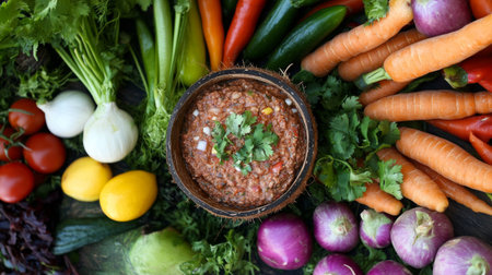 An artistic composition of chili dip served in a coconut shell, surrounded by a colorful array of garden-fresh vegetables, evoking a tropical and healthy vibeの素材
