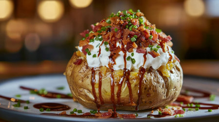 An appealing shot of a loaded baked potato topped with crispy bacon bits, sour cream, and chives, highlighting the deliciousness of this comfort foodの素材