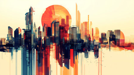 An artistic representation of a city skyline in a modern graphic style, featuring bold lines and geometric shapes against a bright background, capturing urban creativity.の素材