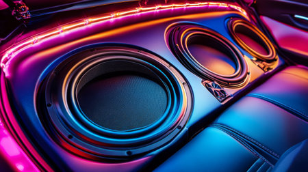 An artistic angle of a premium car audio system, highlighting a subwoofer installed in the trunk, surrounded by acoustic panels and vibrant colorsの素材