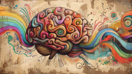An artistic representation of a human brain, intricately detailed, with colorful abstract designs flowing around it, symbolizing creativity and intellectの素材