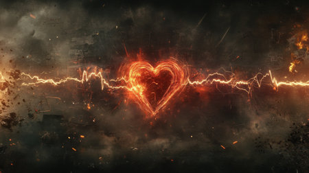 An artistic rendering of heart wave patterns emerging from a heartbeat monitor, incorporating elements of light and shadow for a dramatic effectの素材