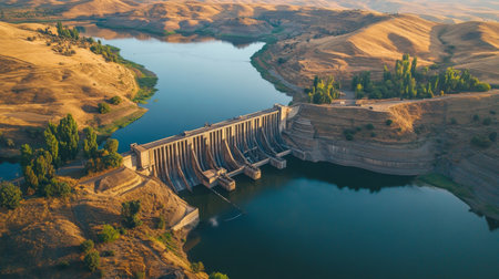 An aerial view of a sprawling dam, highlighting its intricate design and the surrounding landscape of hills, trees, and a shimmering lakeの素材