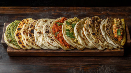 An artistic representation of different types of roti, including whole wheat, stuffed, and flavored varieties, arranged on a rustic wooden board, showcasing diversity in preparation.の素材