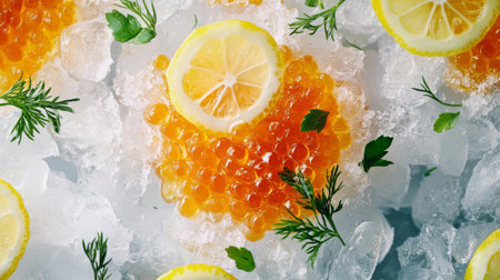 An artistic representation of salmon roe served on a bed of ice, garnished with lemon slices and fresh herbs, highlighting the luxurious side of seafood cuisineの素材