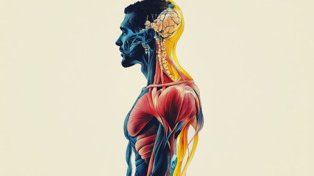 An artistic representation of the human silhouette filled with colorful illustrations of muscles and bones, highlighting the complexity of human anatomy.の素材