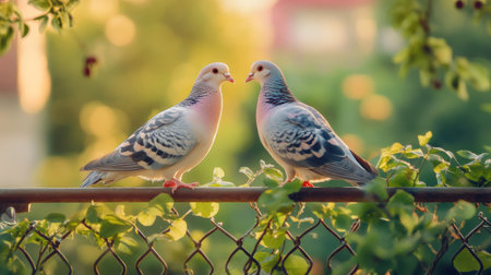 An artistic shot of two doves perched on a fence, gazing into each others eyes, surrounded by lush greenery, symbolizing love and companionship in natureの素材