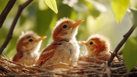 An engaging close-up of baby birds in a nest, with one bird standing up and fluffing its feathers, showcasing their playful nature and curiosityの素材