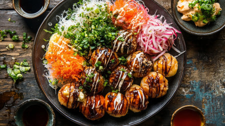 An overhead shot of a plate filled with assorted takoyaki, decorated with sauces and garnishes, highlighting the dish's deliciousness and visual appealの素材