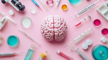 An engaging image of a brain surrounded by various scientific tools, such as test tubes and microscopes, conveying the theme of research and discoveryの素材